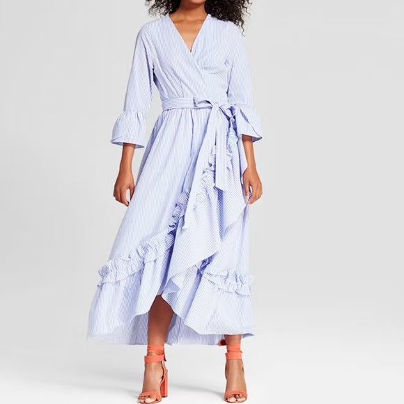 Who What Wear Dresses & Skirts - Who What Wear Chic Blue Striped Ruffle Wrap High-Low Dress. Size 1X. NWT.